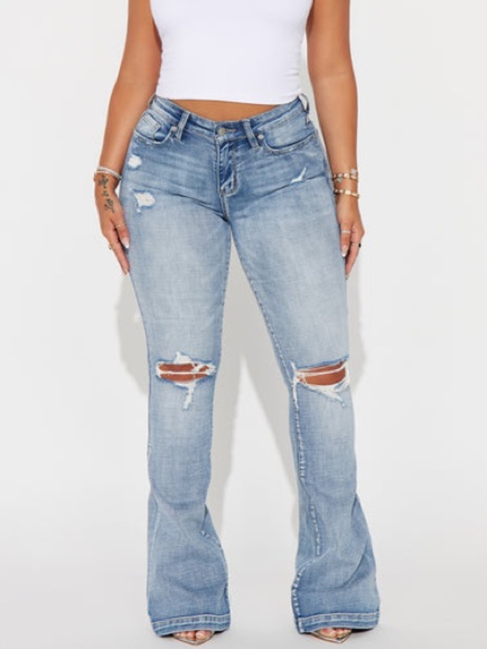 Fashion Nova Key Figure Ripped Stretch Flare Blue Jeans Sz 11
